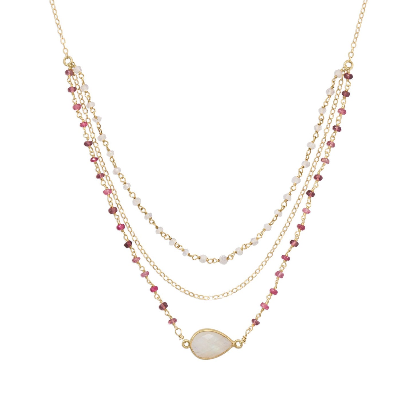 16" + 2" Gold Filled Rainbow Moonstone and Tourmaline Necklace