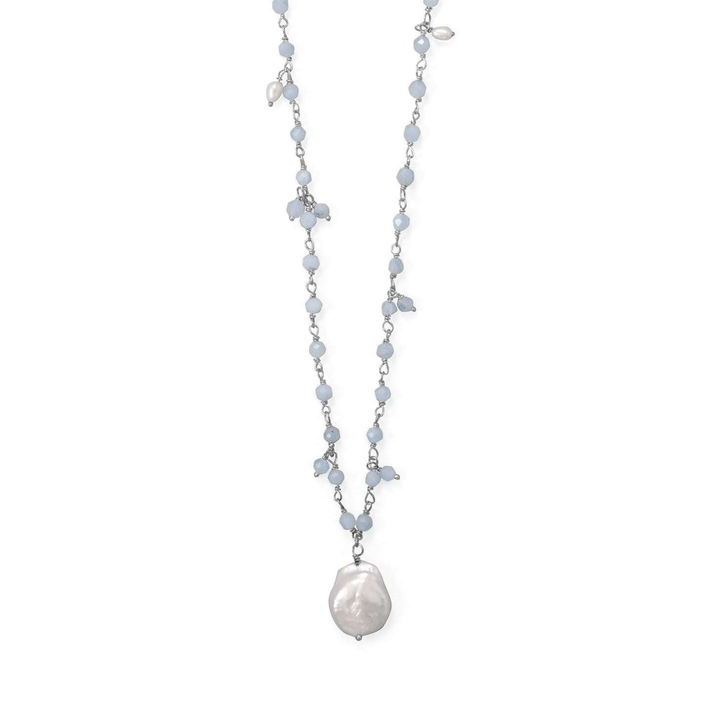 18"+2" Beaded Aquamarine and Cultured Freshwater Pearl Necklace