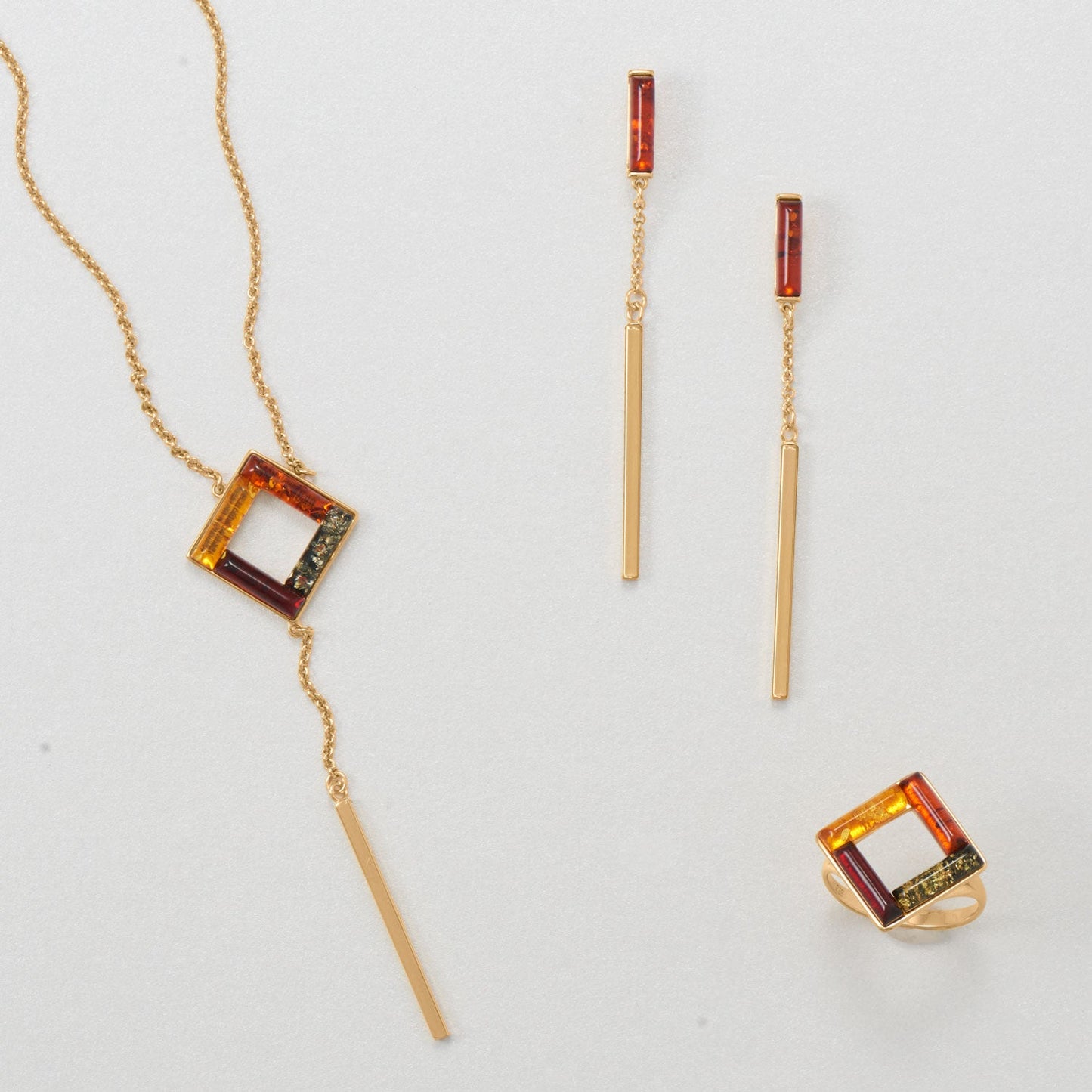 24 Karat Gold Plated Square Multicolor Baltic Amber Ring