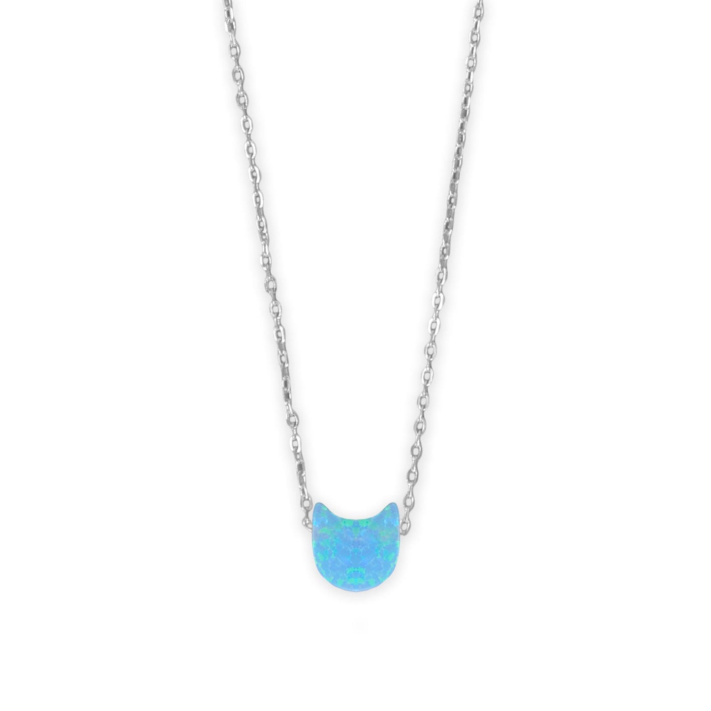 16" + 2" Rhodium Plated Synthetic Opal Kitty Cat Face Necklace