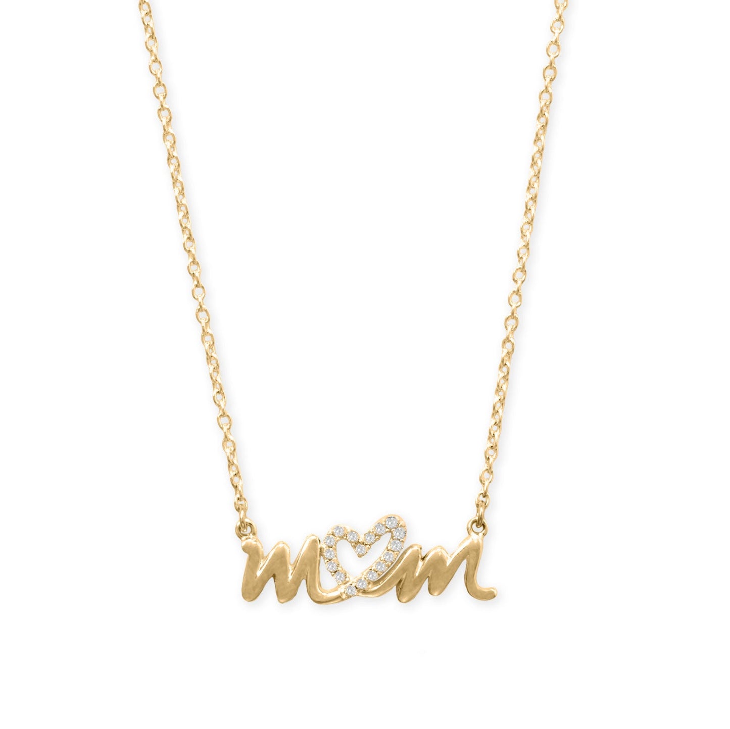 16" + 2" 14 Karat Gold Plated CZ Heart "mom" Necklace