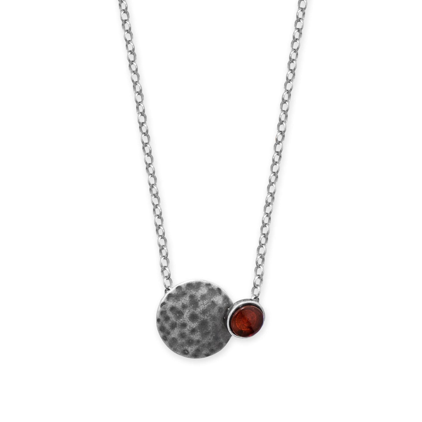 18" + 2" Oxidized Hammered Disc and Round Amber Necklace