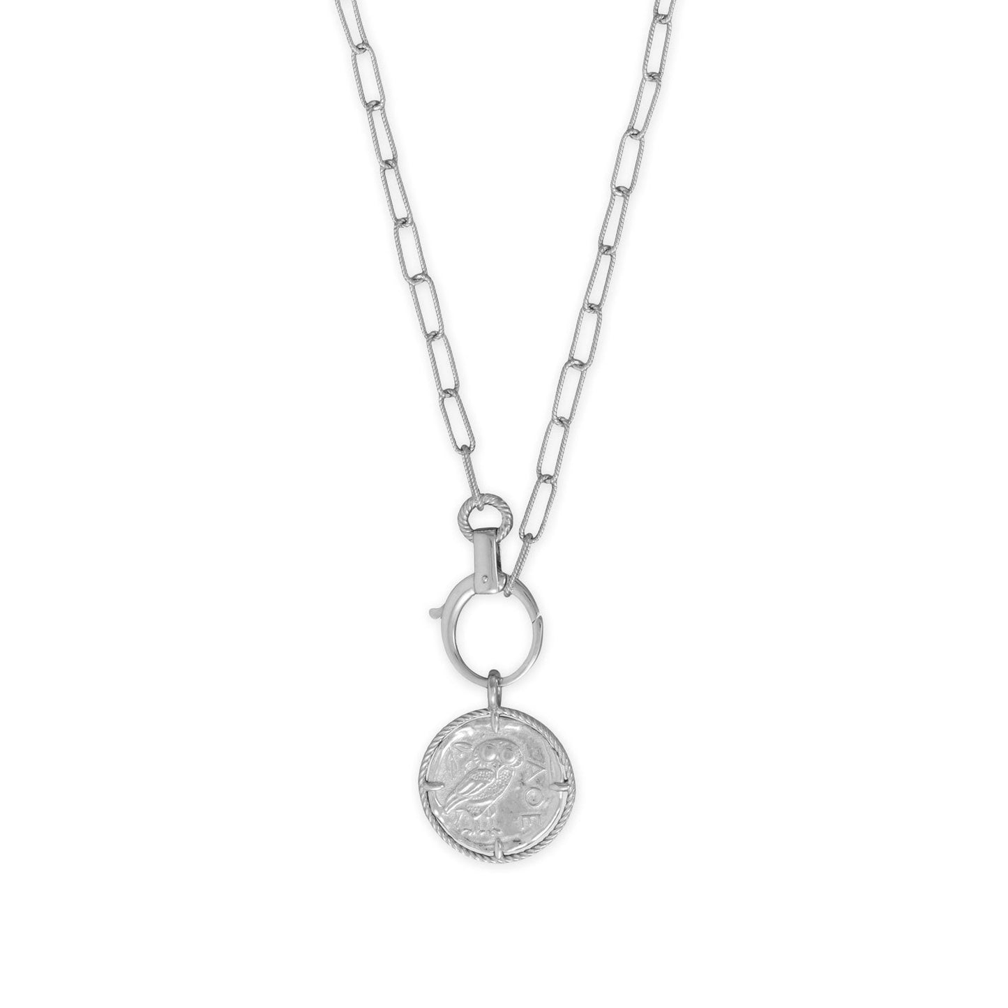 22" Rhodium Plated Italian Owl Medallion Necklace
