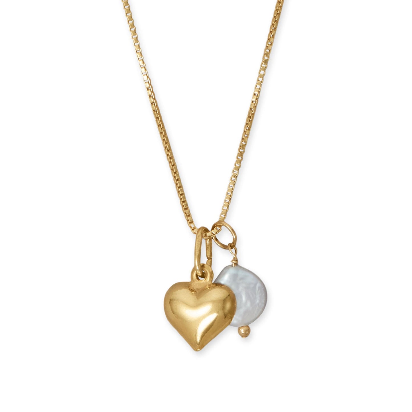18" 14 Karat Gold Plated Puffy Heart and Cultured Freshwater Coin Pearl Necklace