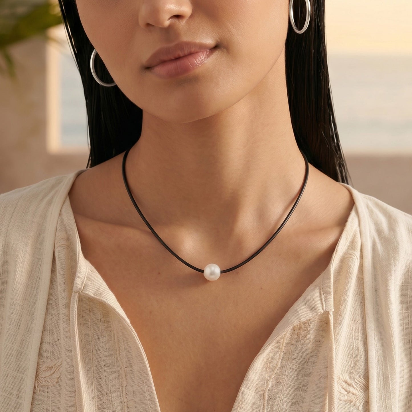 16" Black Leather and Floating Cultured Freshwater Pearl Necklace