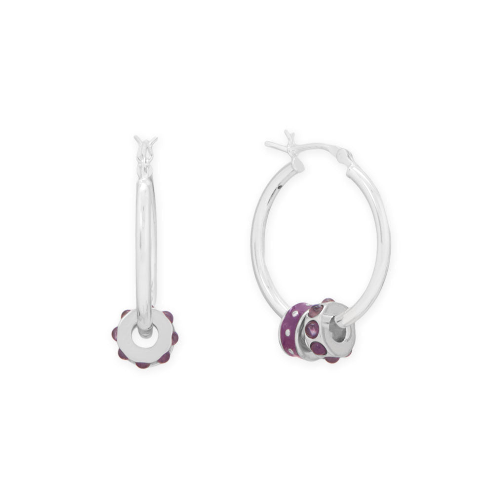 Rhodium Plated Purple Enamel Inaly Dotted Wheel Bead Charm