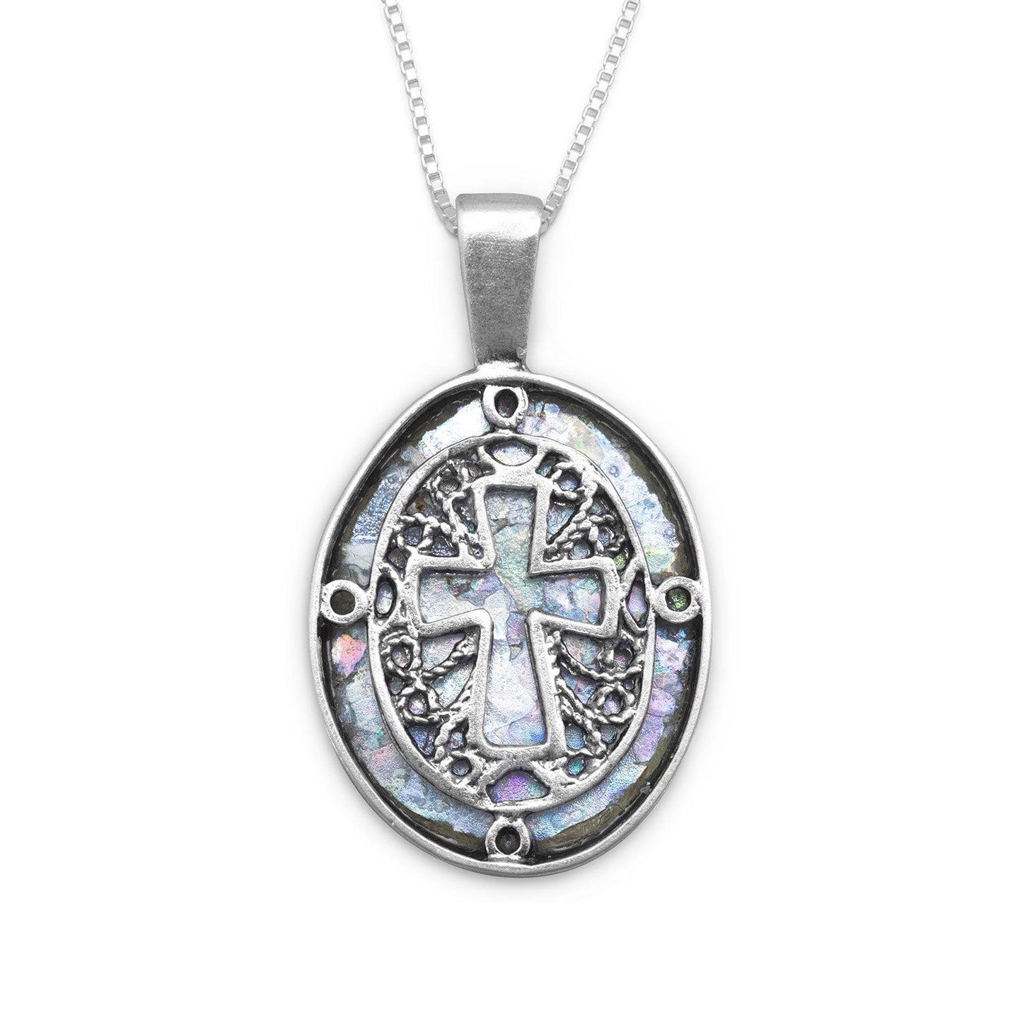 18" Oval Ancient Roman Glass Cutout Cross Necklace