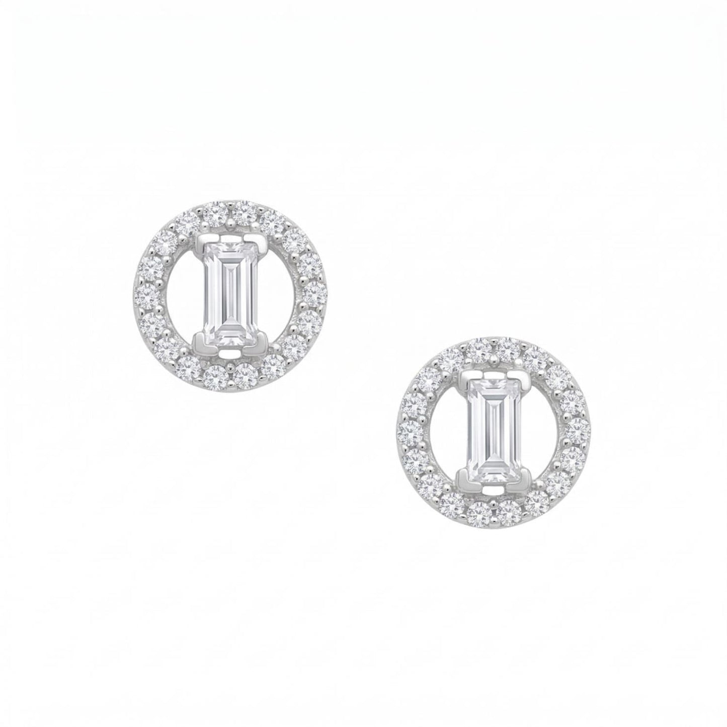 Rhodium Plated Baguette and Halo CZ Stud Earrings