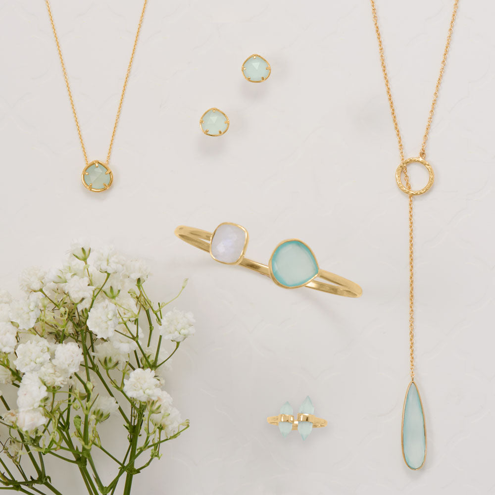 14 Karat Gold Plated Lariat Necklace with Chalcedony Drop