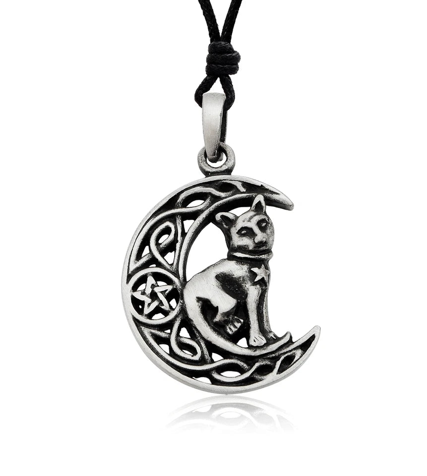 Celtic Moon & Cat amulet cord Necklace