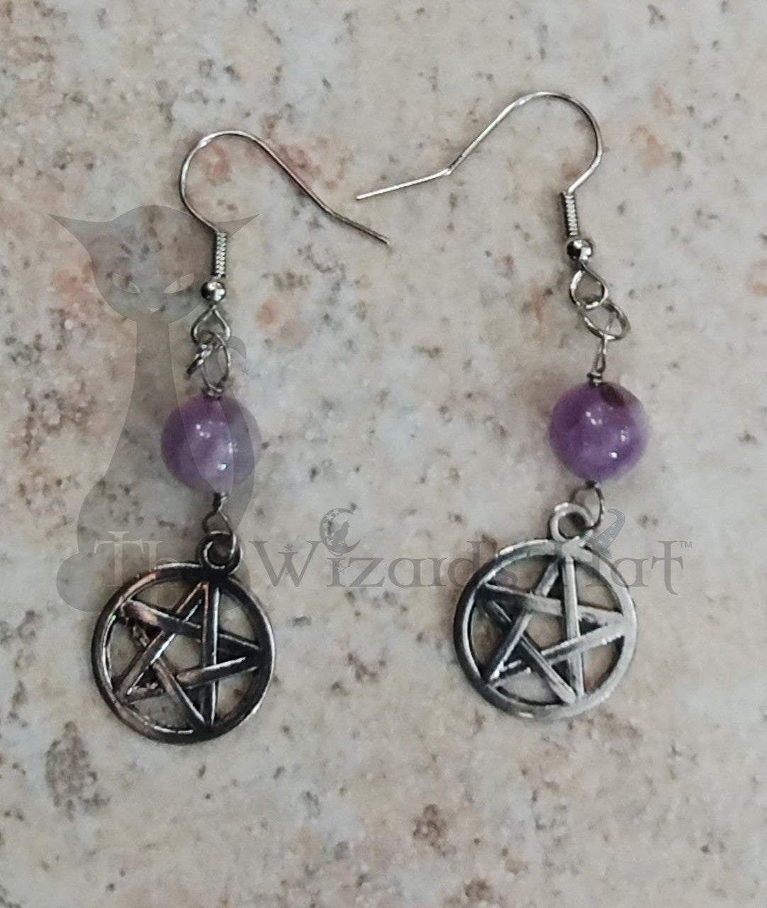 Amethyst Gemstone and Small Pentagram Pentacle Drop Earrings
