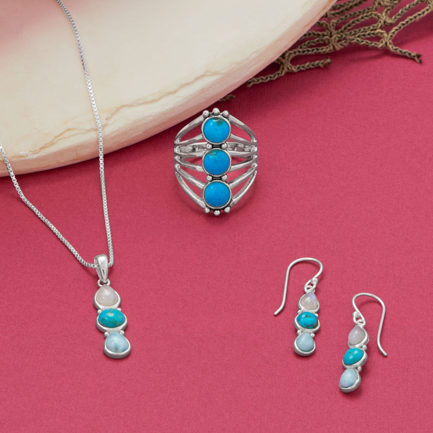 Rainbow Moonstone, Turquoise and Larimar Drop Pendant