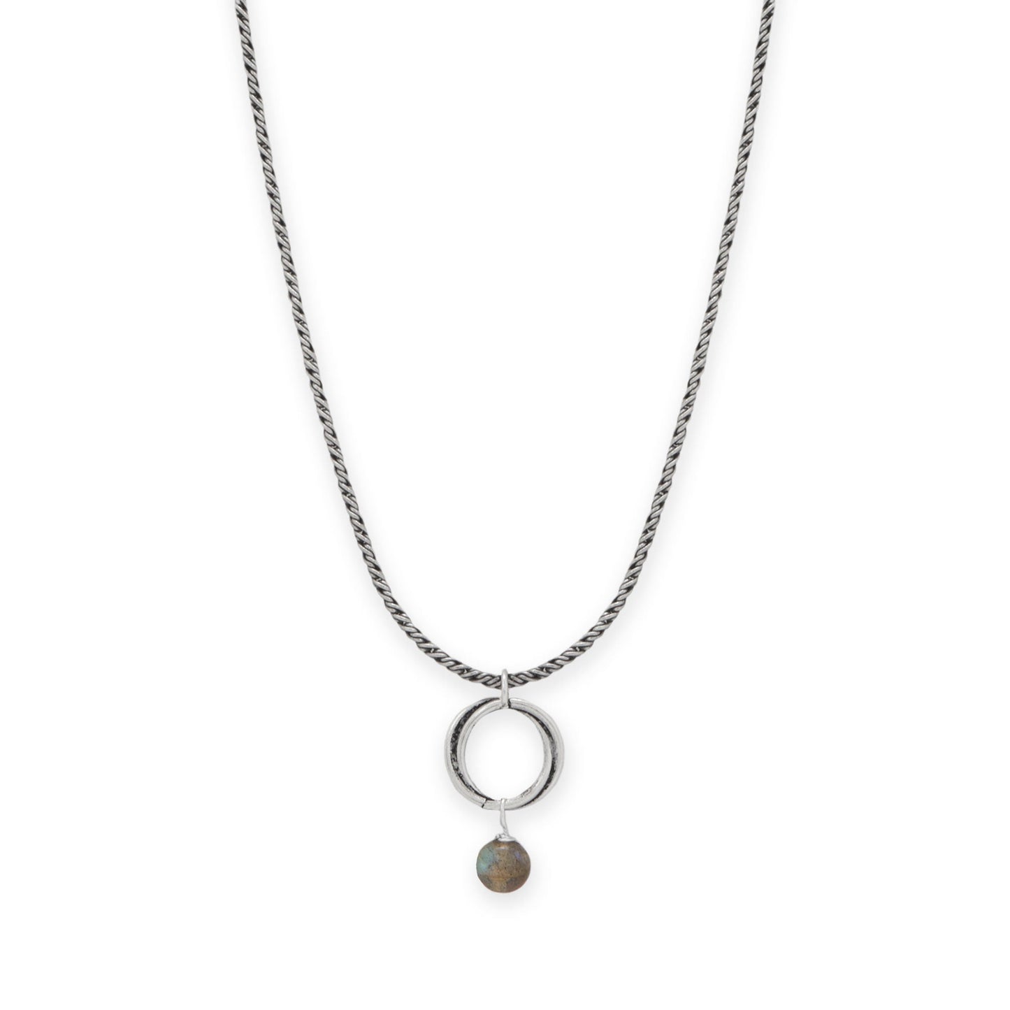 16" Labradorite and Oxidized Rope Ring Drop Necklace