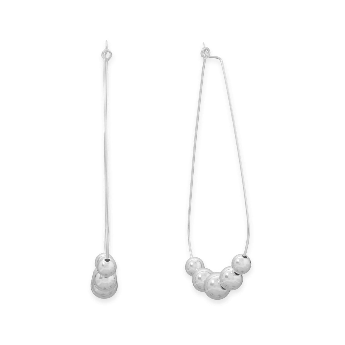 Large Polished Silver Graduated Bead Oblong Wire Hoop Earrings