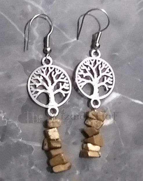 Small Silvertone Yggdrasil Tree of Life and Tiger's Eye Stone Chip Drop Earrings