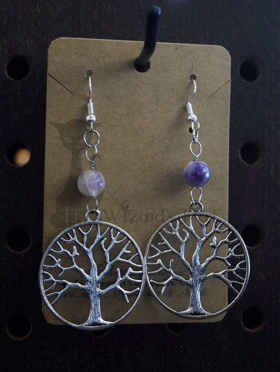 Yggdrasil Tree of Life Earrings with Amethyst Healing Stones