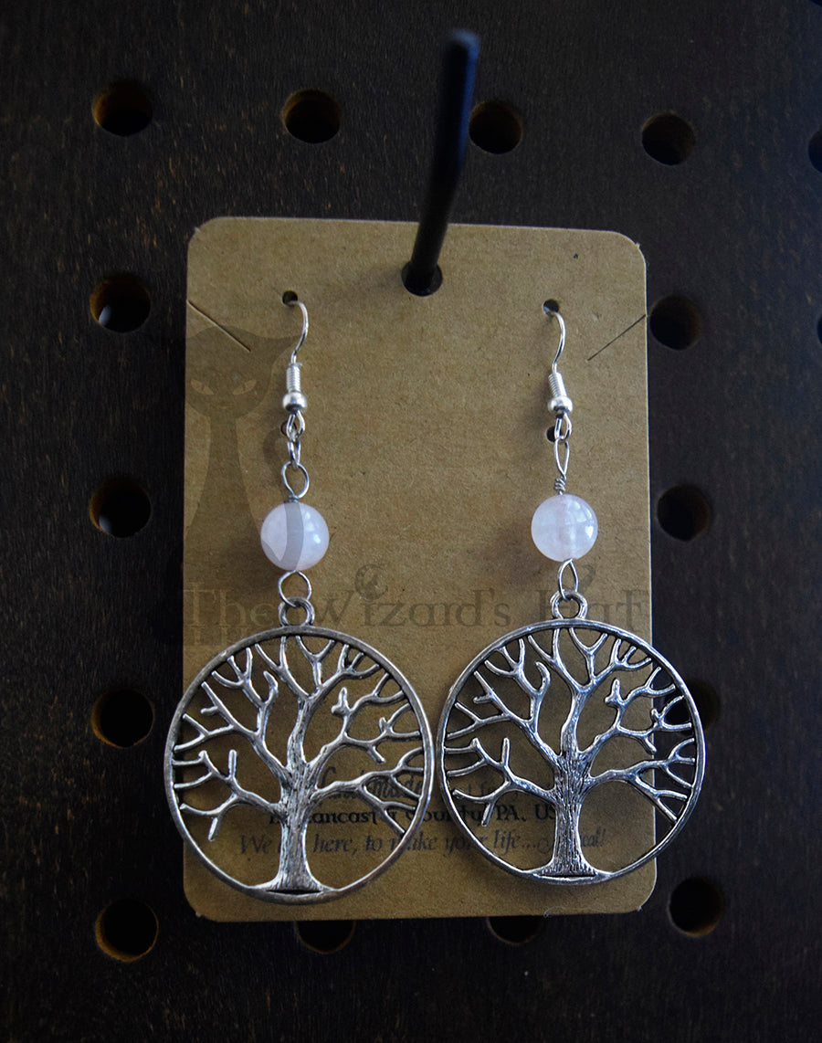 Yggdrasil Tree of Life Earrings with Clear or Milky Quartz Stones