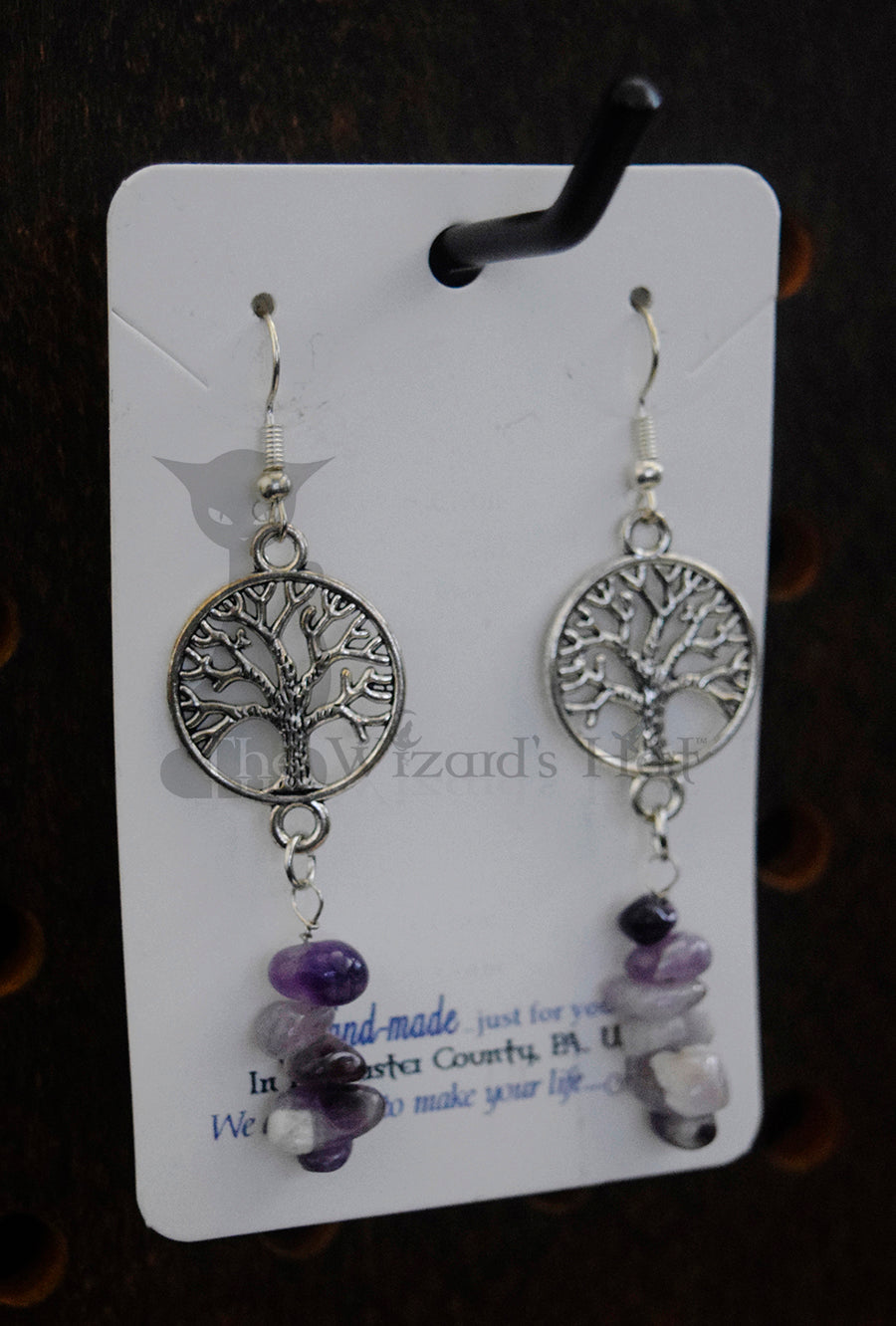 Small Silvertone Yggdrasil Tree of Life Drop Earrings with Amethyst Stone Chips