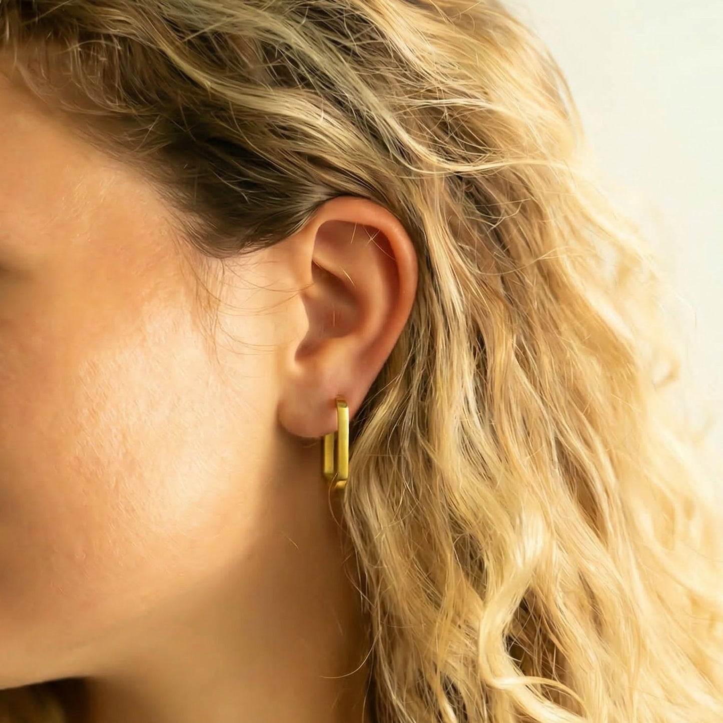 18 Karat Gold PVD Stainless Steel Oval Square Tube Hoop Earrings