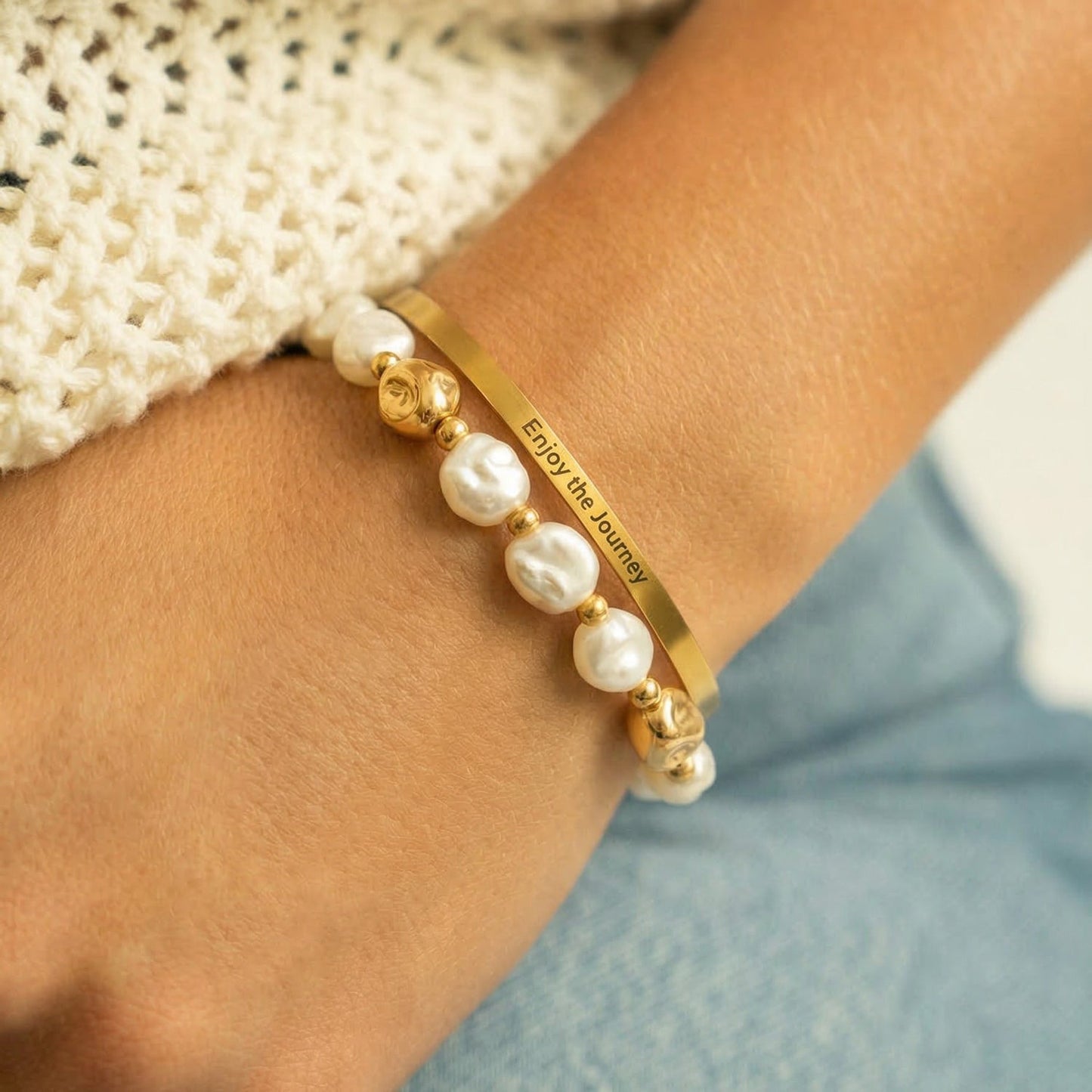 18 Karat Gold PVD Stainless Steel "Enjoy the Journey" Cuff Bracelet