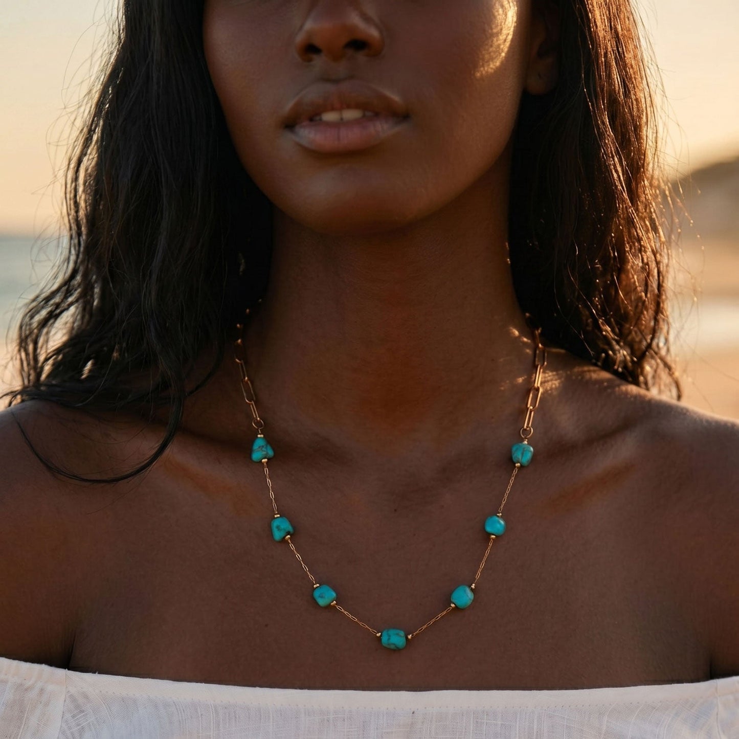 16" + 2" 18 Karat Gold PVD Stainless Steel Turquoise Station Paperclip Chain Necklace