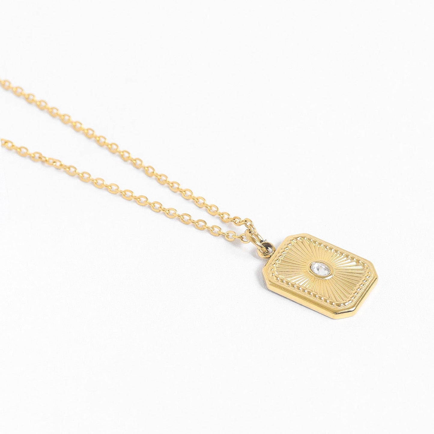 18 Karat Gold PVD Stainless Steel Crystal Sunburst Rectangular Charm