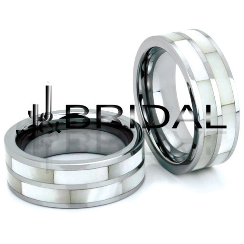 WILD GIRAFFE 8mm Tungsten Carbide Wedding Band with Double Mother-of-Pearl Shell Inlay