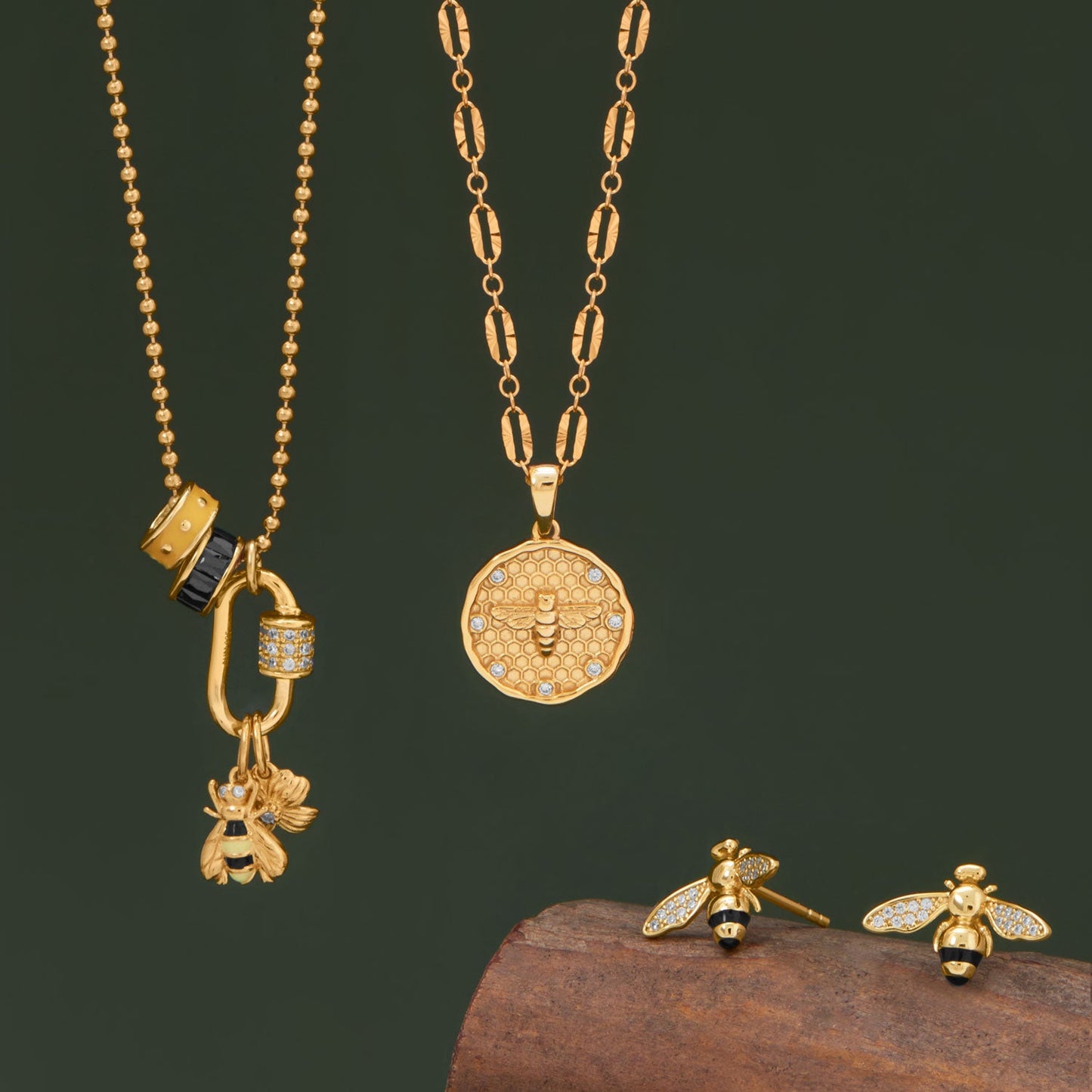 14 Karat Gold Plated Honeycomb, Bee and CZ Pendant