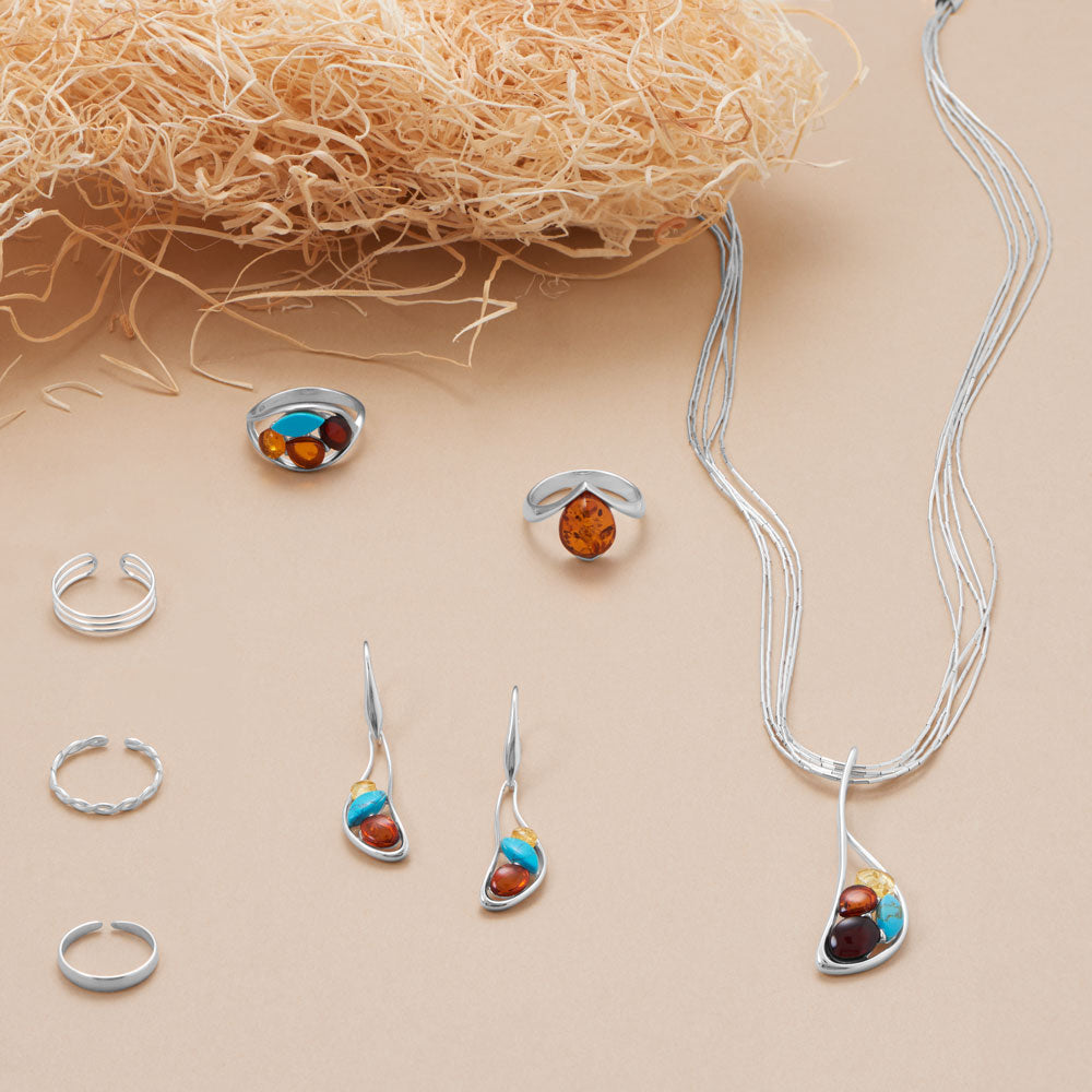 Oblong Multicolor Amber and Turquoise Slide Pendant
