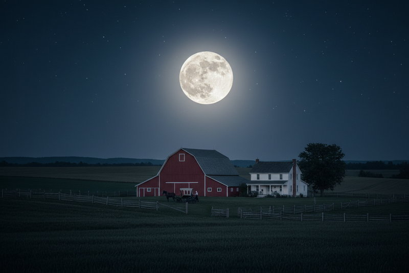 Full July moon over an Amish farm