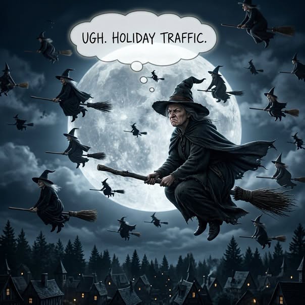 Funny image about witches flying in holiday traffic