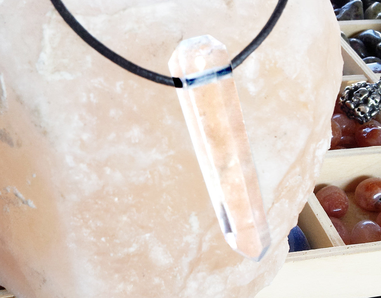 Natural Clear Quartz 6-Sided Single Point Crystal Pendant on Adjustable Leather Necklace