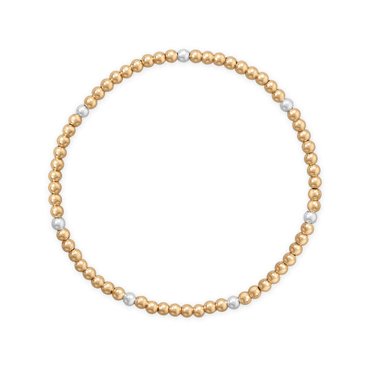 7" 3mm 14/20 Gold Filled and Polished Silver Bead Stretch Bracelet