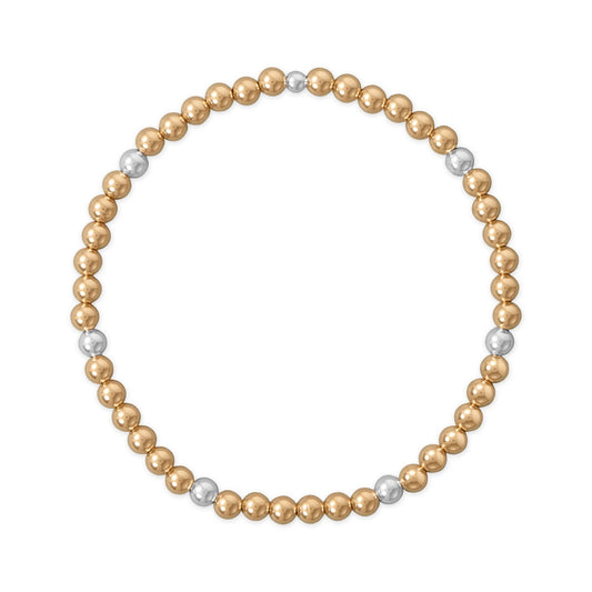 7" 4mm 14/20 Gold Filled and Polished Silver Bead Stretch Bracelet