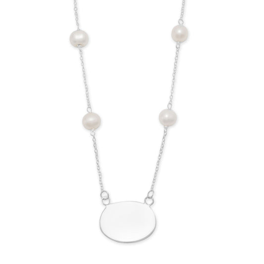 16" ID Tag Necklace with White Cultured Freshwater Pearl