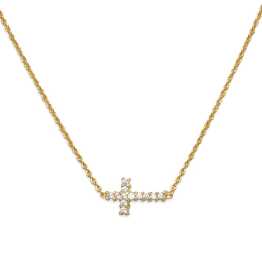 16" 14 Karat Gold Plated Necklace with Sideways CZ Cross
