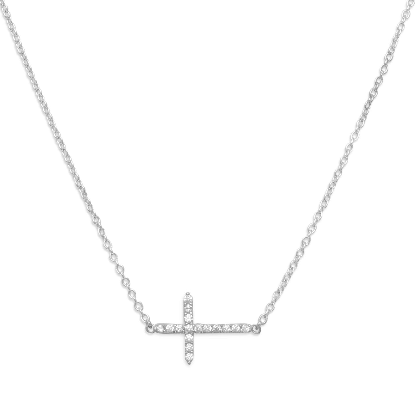 16" + 2" Rhodium Plated CZ Sideways Cross Necklace