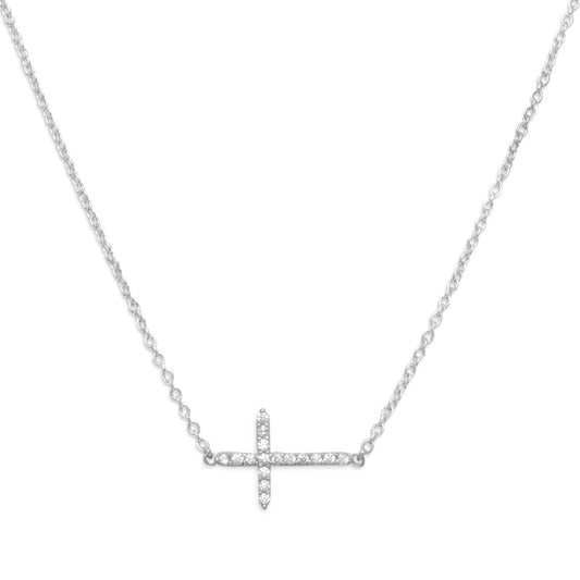 16" + 2" Rhodium Plated CZ Sideways Cross Necklace