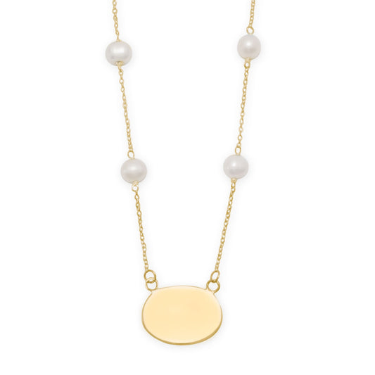 16" Gold Plated Engravable Necklace with White Cultured Freshwater Pearls