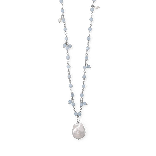 18"+2" Beaded Aquamarine and Cultured Freshwater Pearl Necklace
