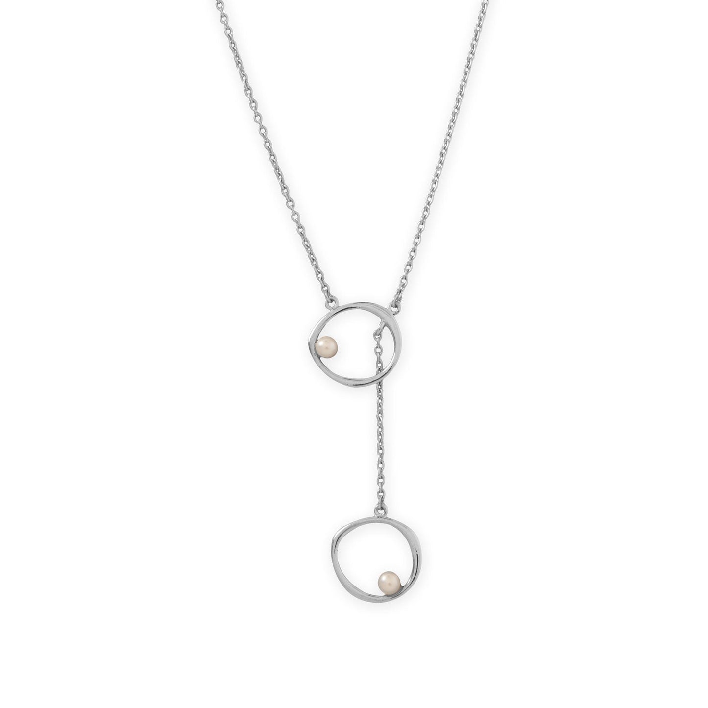 16" + 2" Rhodium Plated Open Circle and Pearl Drop Necklace