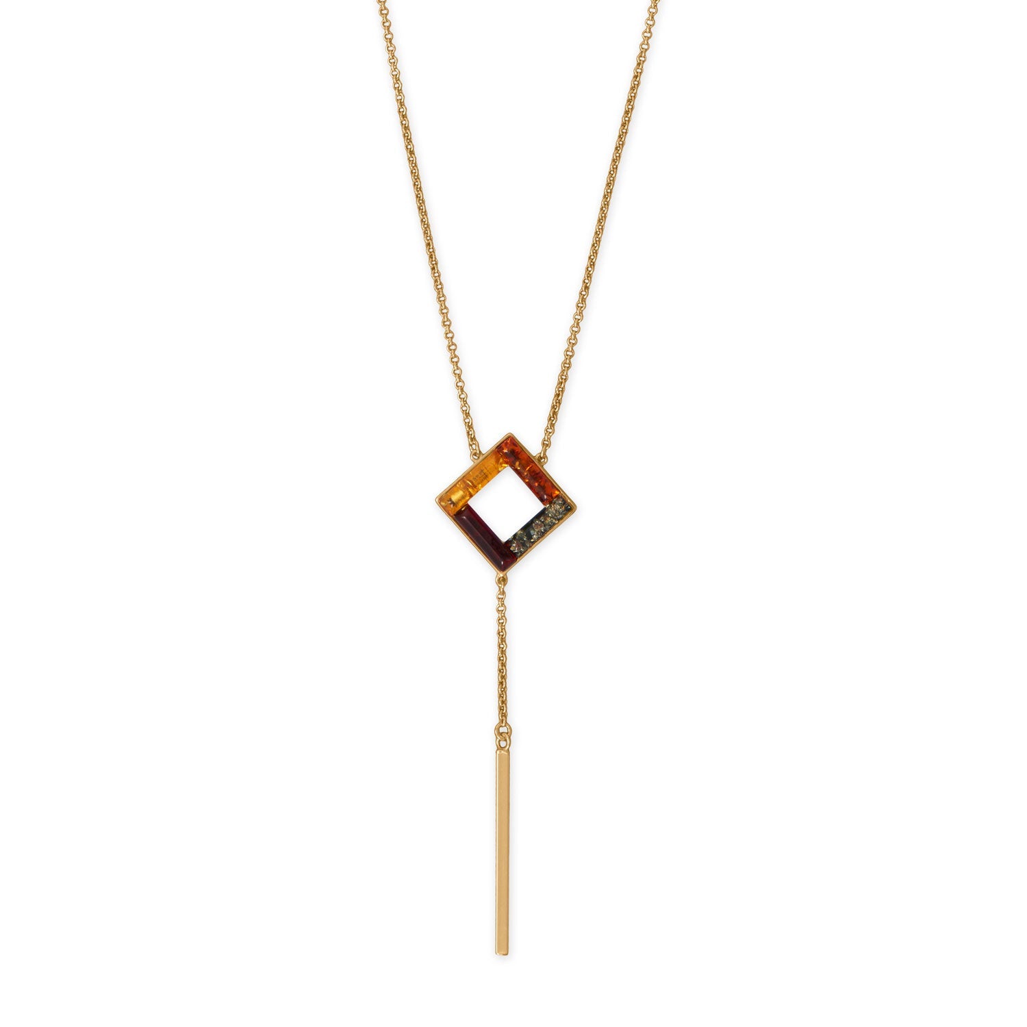 24 Karat Gold Plated Square Multicolor Baltic Amber Drop Necklace