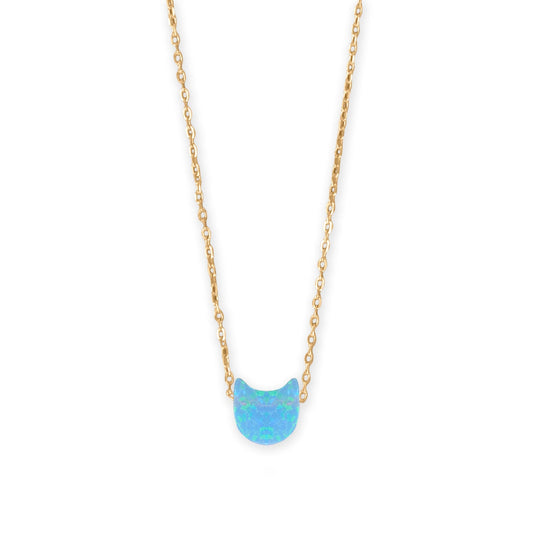 16" + 2" 14 Karat Gold Plated Synthetic Opal Kitty Cat Necklace