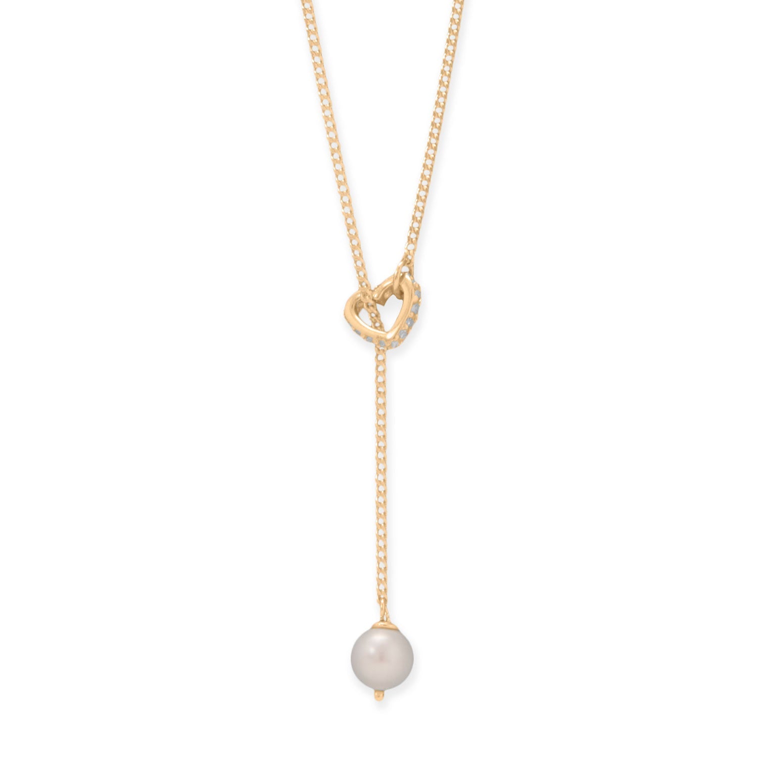 16" + 2" 14 Karat Gold Plated Cultured Freshwater Pearl and CZ Heart Lariat Necklace