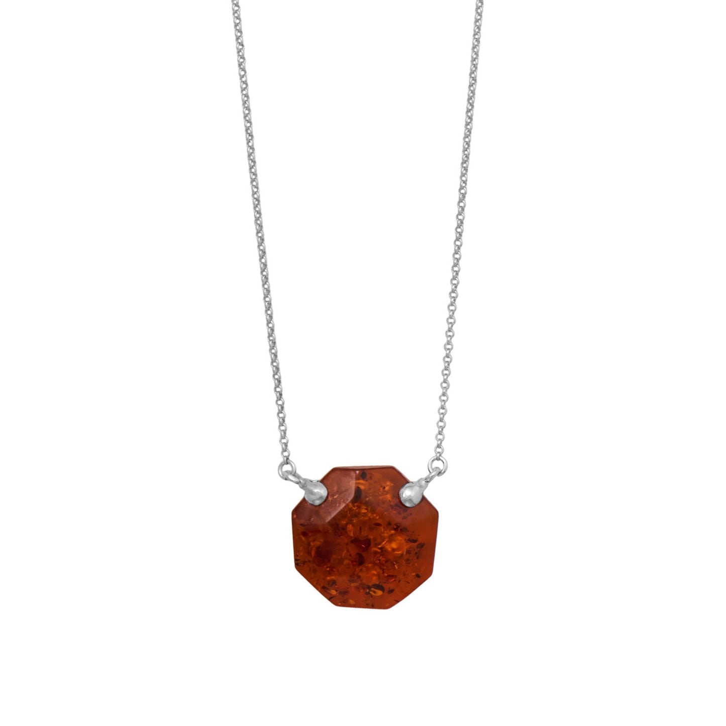18" + 2" Rhodium Plated Octagon Baltic Amber Necklace