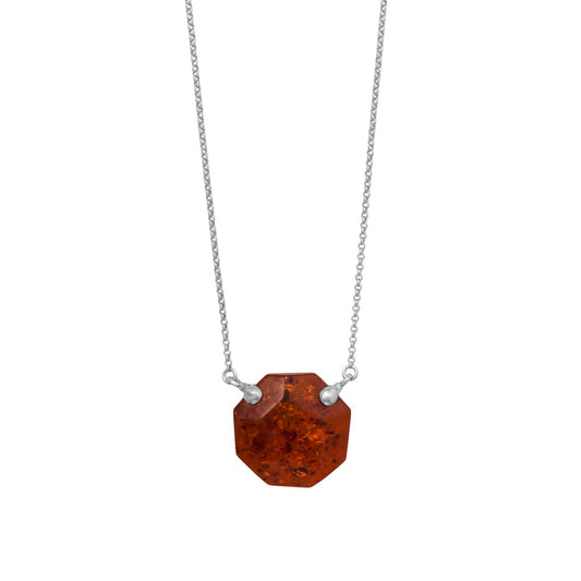 18" + 2" Rhodium Plated Octagon Baltic Amber Necklace