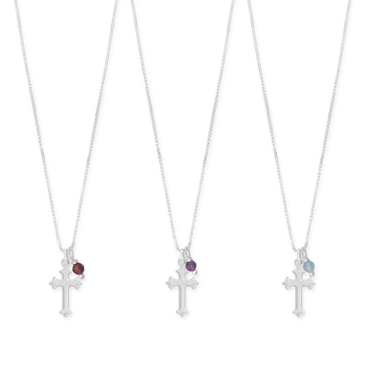 16" Birthstone and Ornate Cross Charm Necklace (All Months)