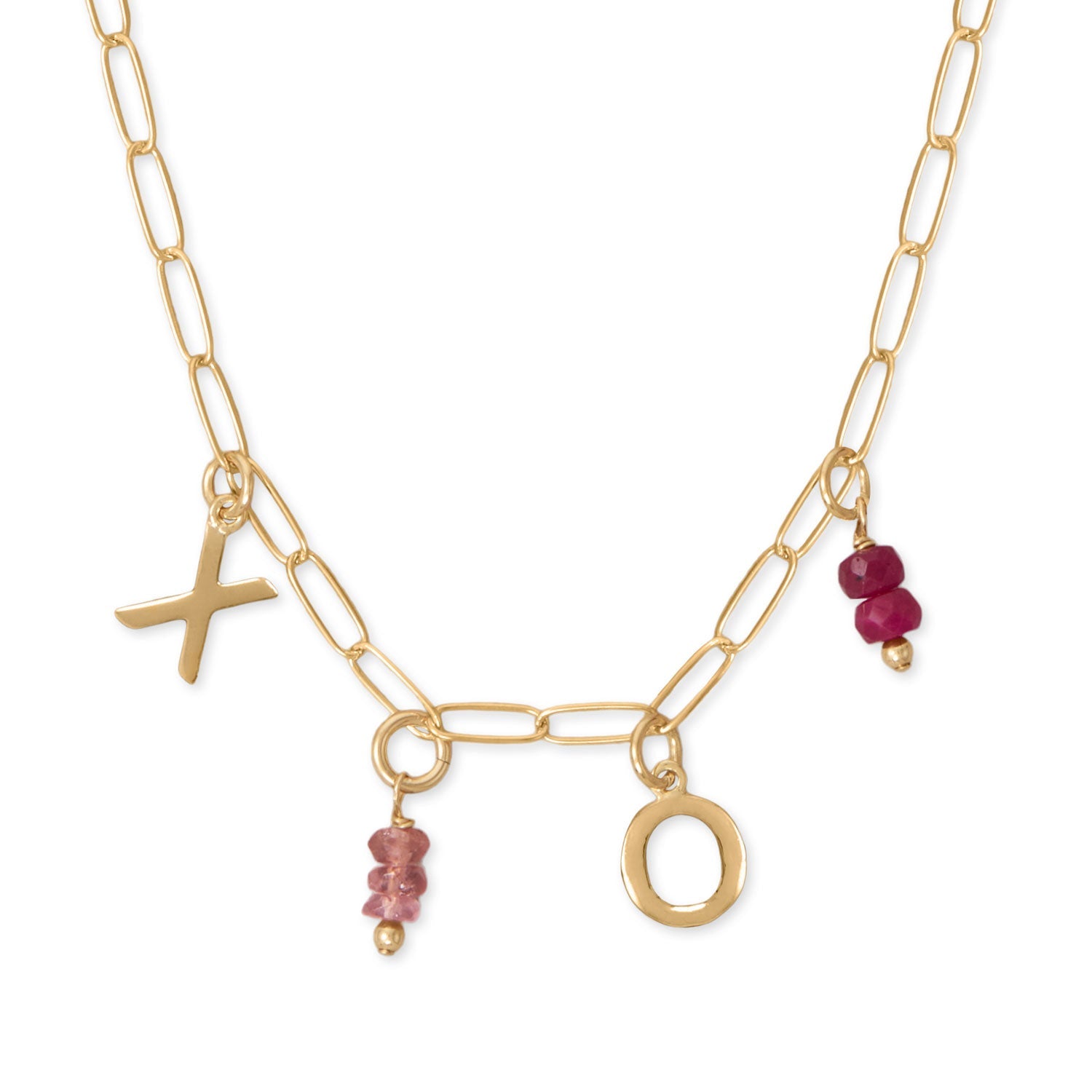 18” 14 Karat Gold Plated XO Charm Gem Drop Necklace