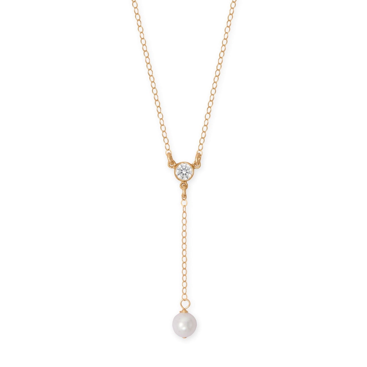 16" + 2" 14/20 Gold Filled CZ and Pearl Y Drop Necklace