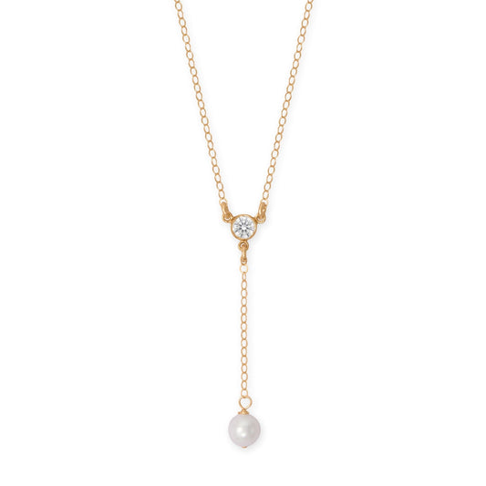 16" + 2" 14/20 Gold Filled CZ and Pearl Y Drop Necklace